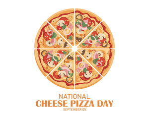 National Cheese Pizza Day vector. Different kinds of pizza slices vector. Whole pizza top view icon set. Pizza Day Poster, February 9. Important day.