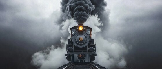 Vintage steam locomotive billowing black smoke on railway track under Dramatic front view