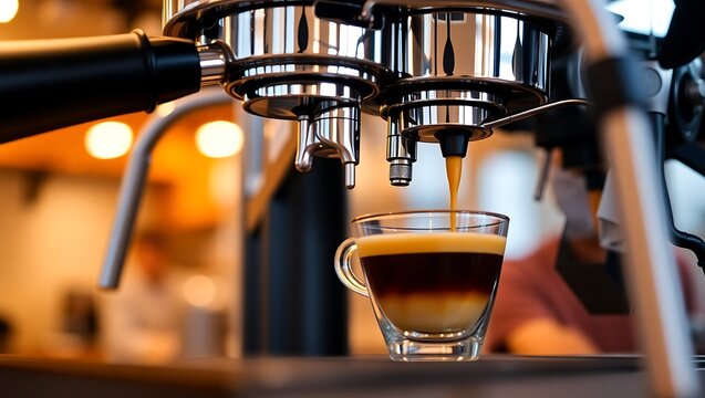 Barista-style espresso machine dispensing a single shot into a demitasse cup, chrome reflections and warm café lighting, focus on the espresso streamBarista-style espresso machine dispensing a single 