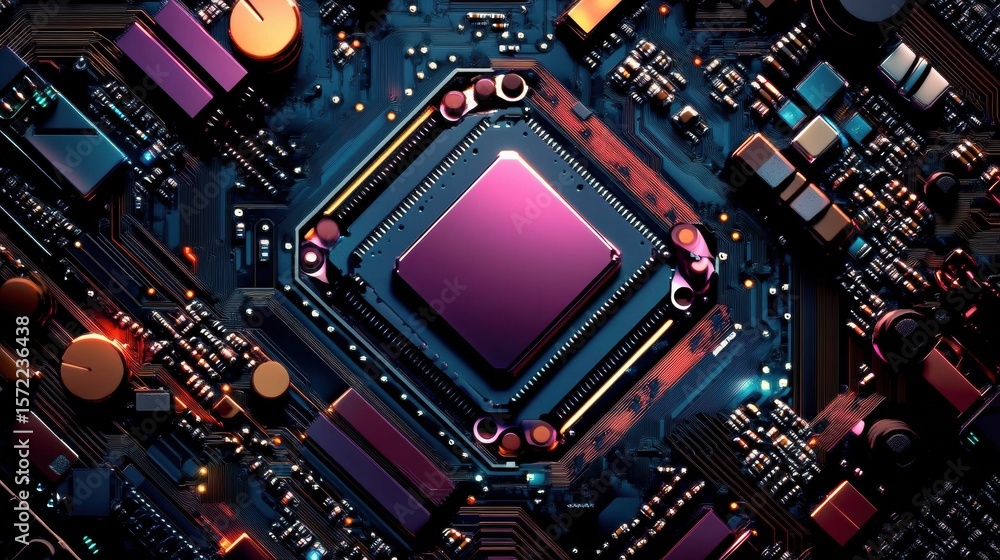 Poster vivid close-up of colorful computer circuit board with intricate design electronic components, close