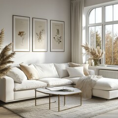 Fototapeta premium White sofa and posters framed on the wall, contributing to the modern living rooms clean and contemporary design, Generative AI