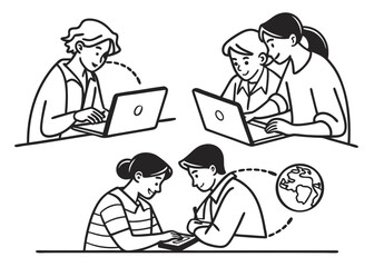 Diverse group of people collaborating and learning together online isolated on white background