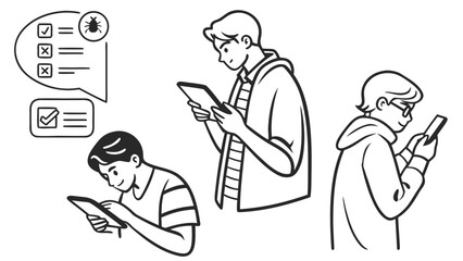 Three young people looking at their mobile devices with a checklist and bug icon isolated on white background