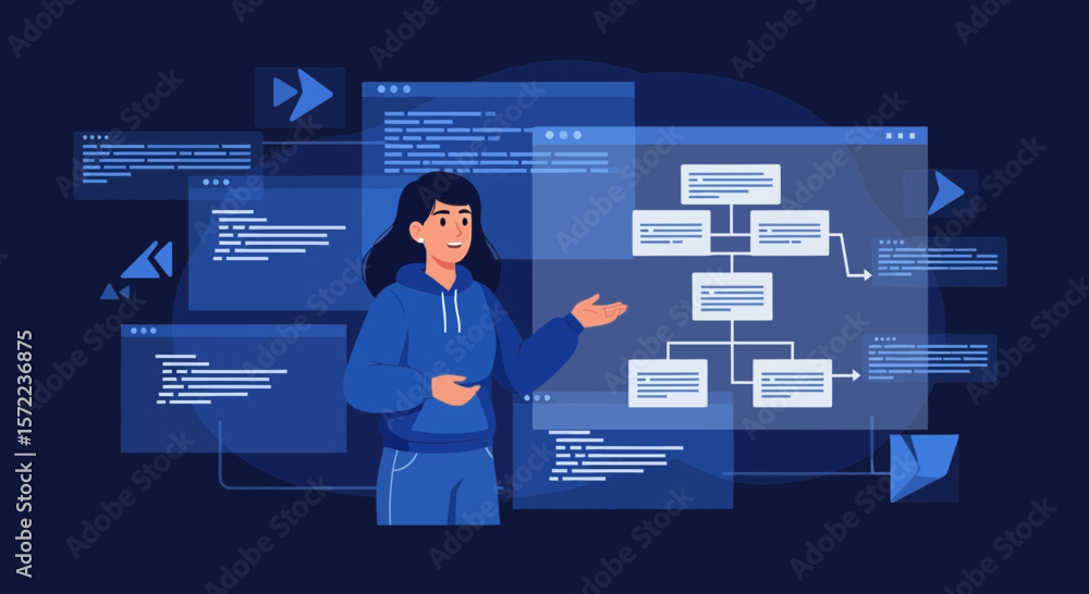 Poster woman explaining software development process with code and flowchart