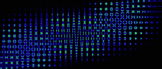 Abstract background with blue and green glowing lights forming a wavy, pixelated pattern on a black canvas.