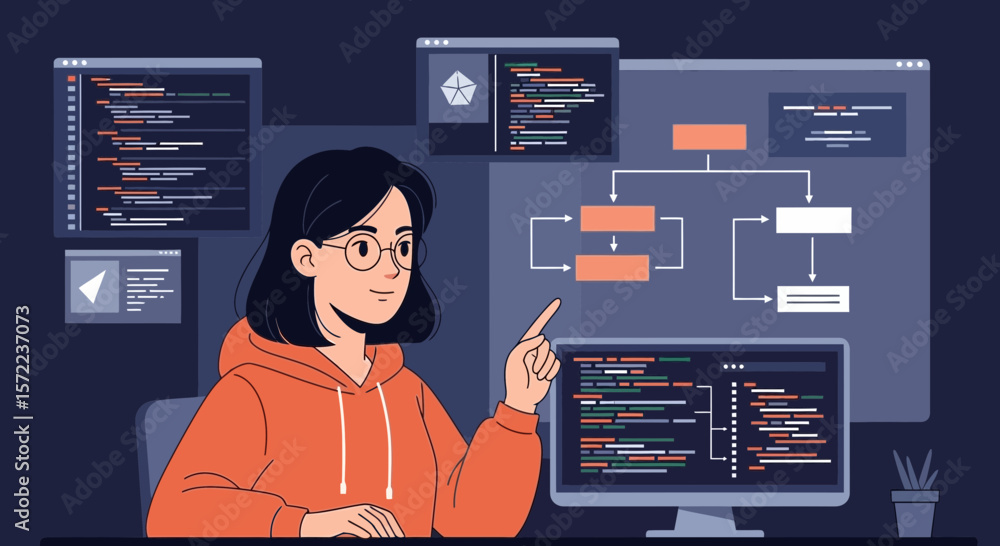 Poster software development project on computer screen with asian woman developer