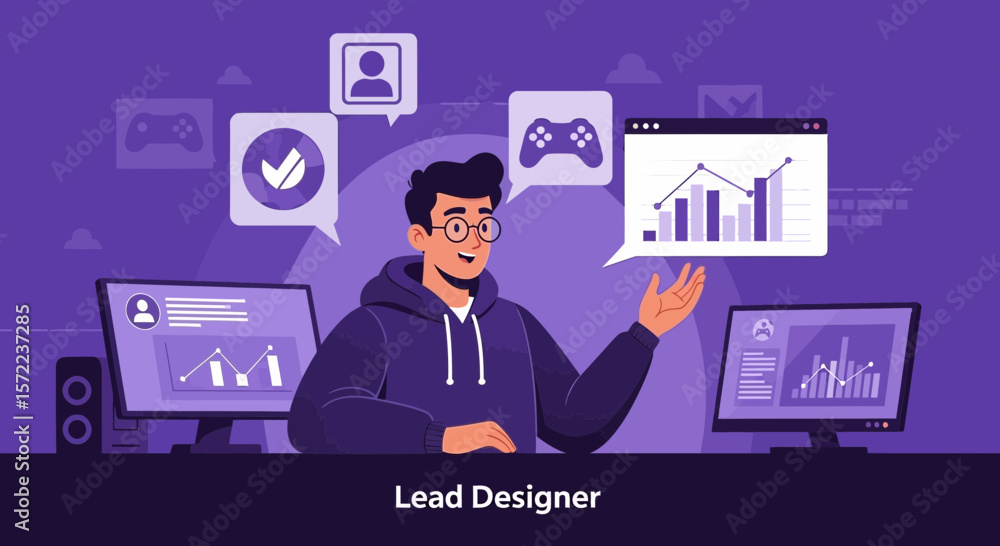 Poster man presenting data and user interface elements in a virtual workplace
