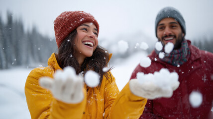close up of young indian couple enjoying at snow forest
