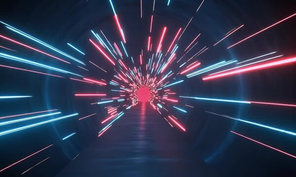Abstract light-speed tunnel background with blue and red rays of energy for futuristic motion graphics or video animation
