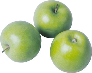 Three vibrant green apples with stems arranged in a cluster isolated on transparent background
