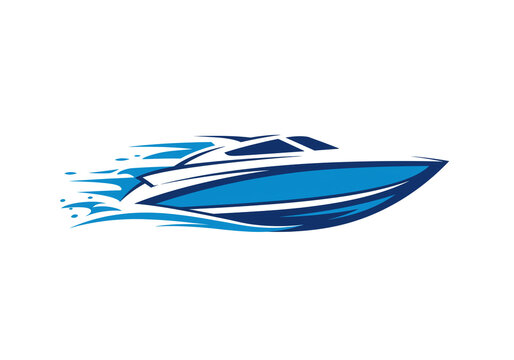 A stylized blue and white speedboat with motion lines on a white background in a vector graphic