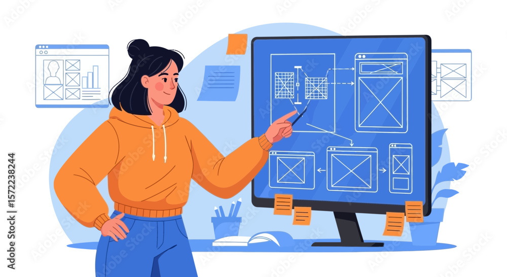 Poster web designer explaining the development steps on the screen
