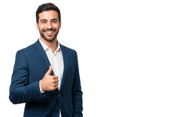 Smiling businessman in a blue suit giving a thumbs up, isolated on white or transparent background