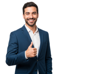 Smiling businessman in a blue suit giving a thumbs up, isolated on white or transparent background