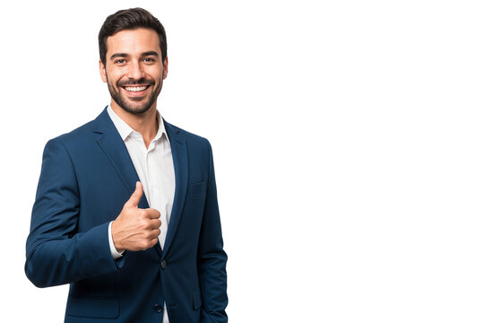 Smiling businessman in a blue suit giving a thumbs up, isolated on white or transparent background - Powered by Adobe
