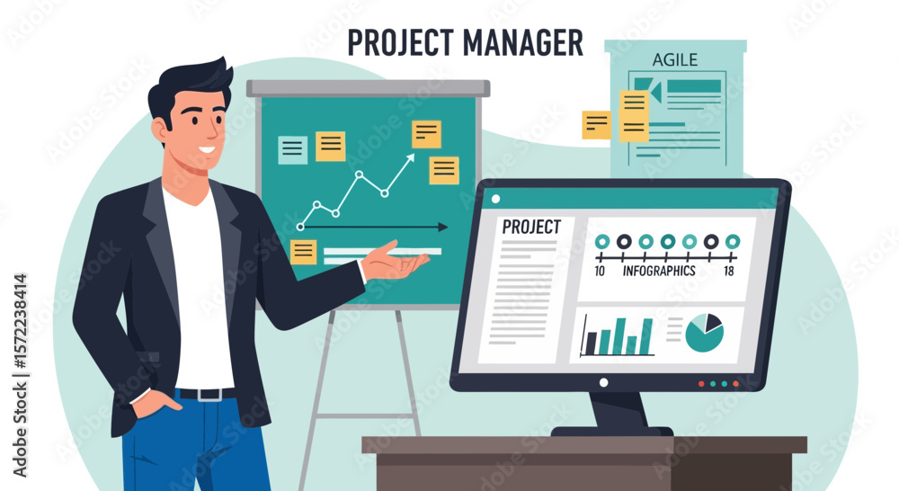 Poster confident project manager presenting charts and data visualizations on screen