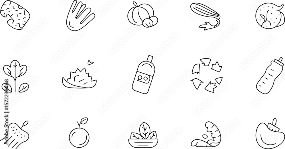 Poster outlines of food items and other objects in a line art style arrangement
