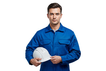 Confident male mechanic in blue uniform holding a white hard hat, ready for work, isolated on transparent background