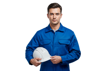 Confident male mechanic in blue uniform holding a white hard hat, ready for work, isolated on transparent background