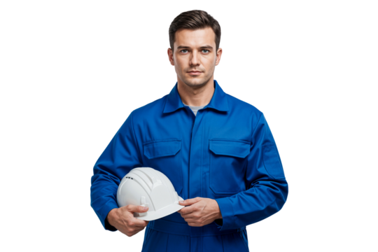 Confident male mechanic in blue uniform holding a white hard hat, ready for work, isolated on transparent background - Powered by Adobe