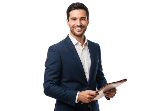 Portrait of a smiling handsome businessman holding a folder, ready for meeting, isolated on transparent background