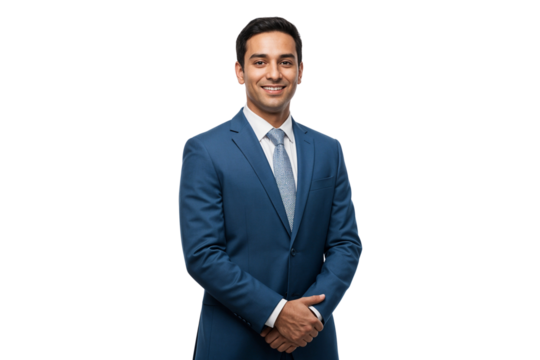 Young Indian Executive manager, smiling in a blue suit, isolated on transparent background