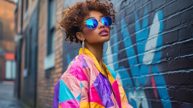 A stylish young woman poses confidently in front of a vibrant graffiti wall. Her colorful jacket and sunglasses reflect trendy urban fashion. This is a detailed portrait. Generative AI - Powered by Adobe