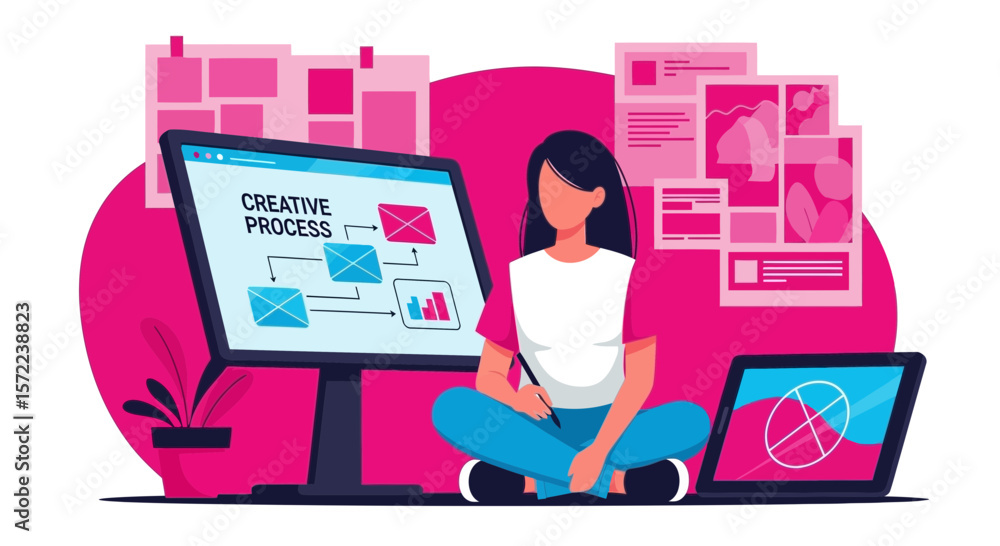 Aufkleber woman using digital tools to create concept, idea and workflow