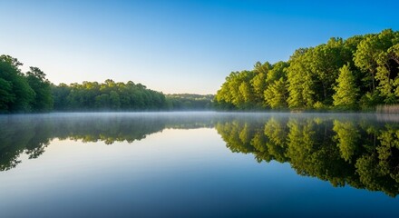 Obraz premium Serene River Landscape at Sunrise Tranquil Water Reflecting Lush Green Trees