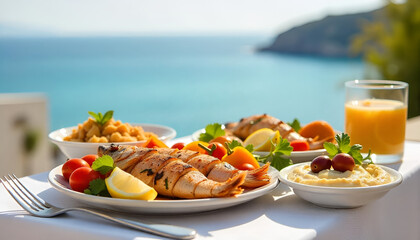 Gourmet Salad Meal – Fresh Plate with Meat, Vegetables, Rice, and Sauce for Healthy Lunch or Dinner

