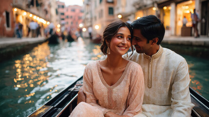 young indian couple sitting on boat