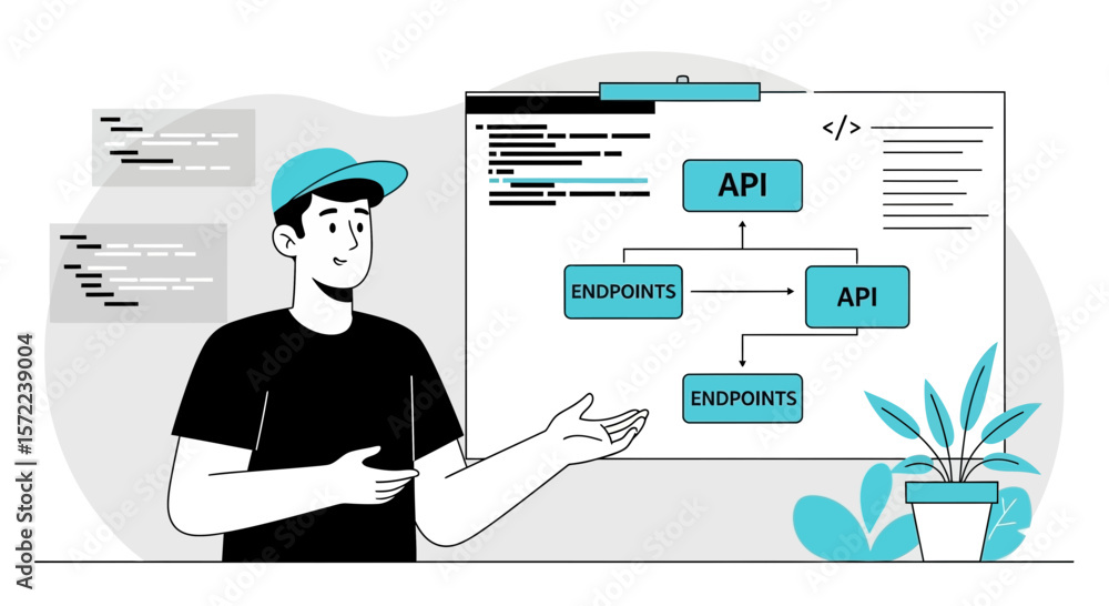 Poster man presenting api architecture and endpoint development in a diagram