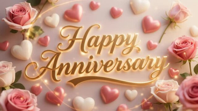 Romantic "Happy Anniversary" message with soft golden glow and heart decorations, suitable for love celebrations, relationship milestones, or wedding anniversary footage.