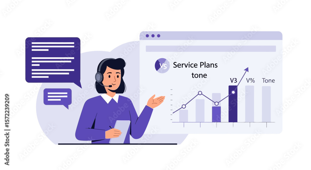 Poster customer service agent explaining financial data with growth charts presentation