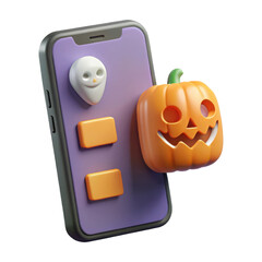 3d illustration of a smartphone with a ghost icon and a jack o lantern on a transparent background isolated on transparent background