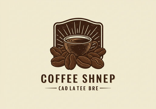 A coffee logo with a cup of coffee and coffee beans in front of a decorative background element