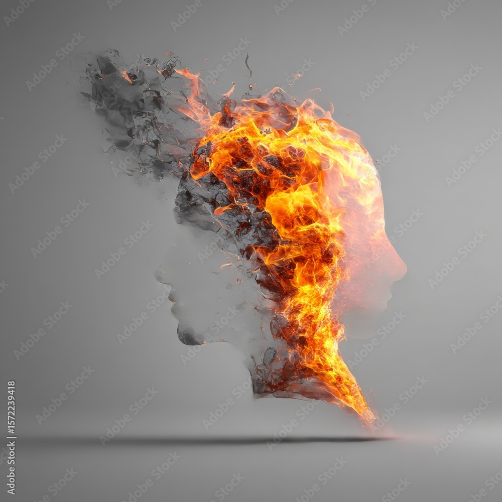 Poster burning thoughts: a conceptual image of a profile consumed by flames and dissolving into smoke on a 
