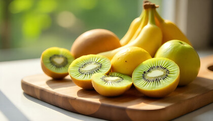 Fresh Tropical Fruits – Juicy Kiwi, Orange, Lemon, and Banana Slices Isolated on White Background

