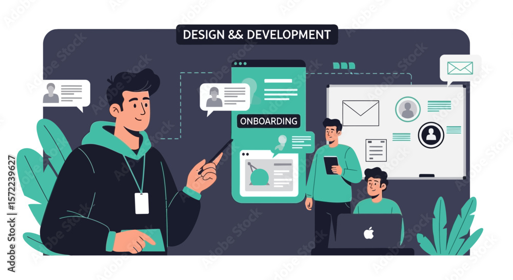 Poster team collaboration on new app software design and development concept
