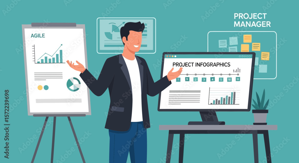 Poster project manager explaining data driven business strategy and agile methods