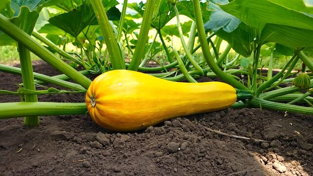 Ripe yellow squash nestled among vibrant green leaves in a sunlit vegetable garden
