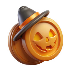 Cute 3d halloween pumpkin wearing a witch hat isolated on transparent background