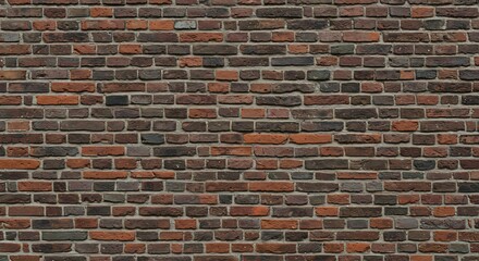 A closeup view of an aged brick wall featuring a uniform pattern of reddishbrown and grey bricks with visible mortar lines