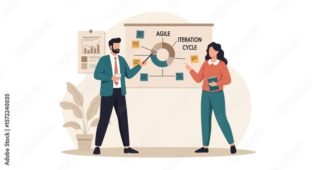 Poster agile team discussing iteration cycle strategy during presentation