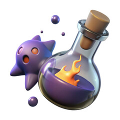 Cute purple ghost character floating near a potion bottle with fire inside isolated on transparent background