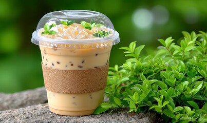Iced Coffee in Plastic Cup on Rock Outdoors