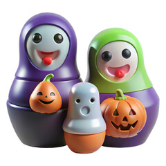 Cute halloween family of nesting dolls with pumpkins and a ghost isolated on transparent background
