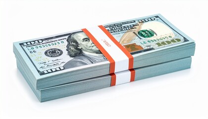 Two stacks of one hundred dollar bills, secured with orange and white bands, on a white background.