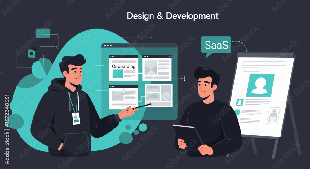 Poster software development team presenting saas solutions and onboarding process