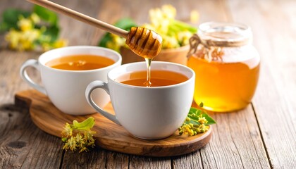 Two cups of herbal tea, honey drizzled, linden blossoms